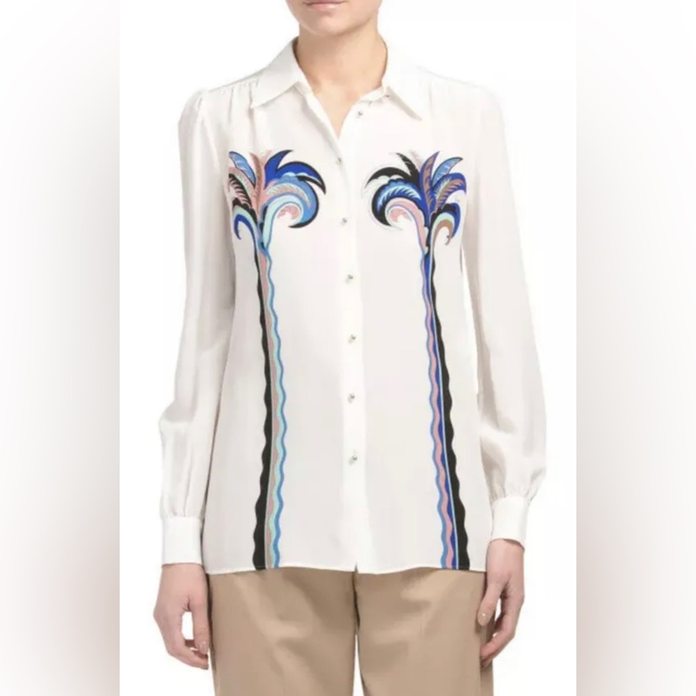 NWT Emilio Pucci Made In Italy Printed silk crepe de chine shirt Size 40 9ERJ42
